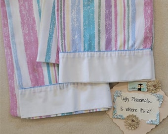 Vintage 1980s JCPenney Stripe Pastel Rainbow Crackle Crayon Wax Resist Waterbed Set of Two (2) Cotton/Poly Pillowcases 20 X 29 USA Made