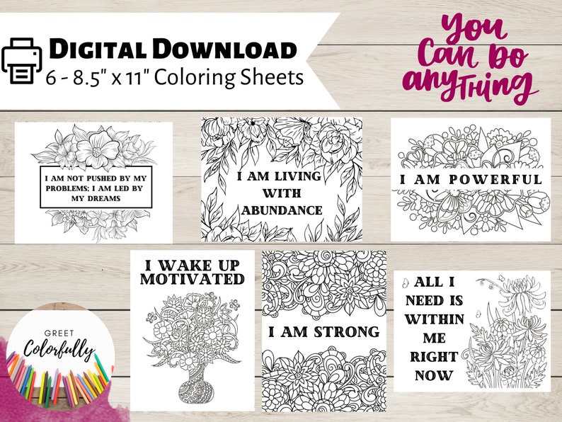 Affirmation Coloring Pages, Adult Coloring Sheets, Positive