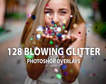 128 Blowing Glitter Photoshop Overlays, Photoshop action, Christmas Overlays,  Sparkle Overlays, Birthday, Wedding, Party, Confetti overlays