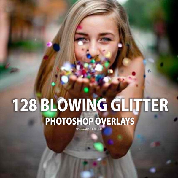 128 Superposiciones de Photoshop con brillo soplando, Acción de Photoshop, Superposiciones de Navidad, Superposiciones de brillo, Cumpleaños, Boda, Fiesta, Superposiciones de confeti