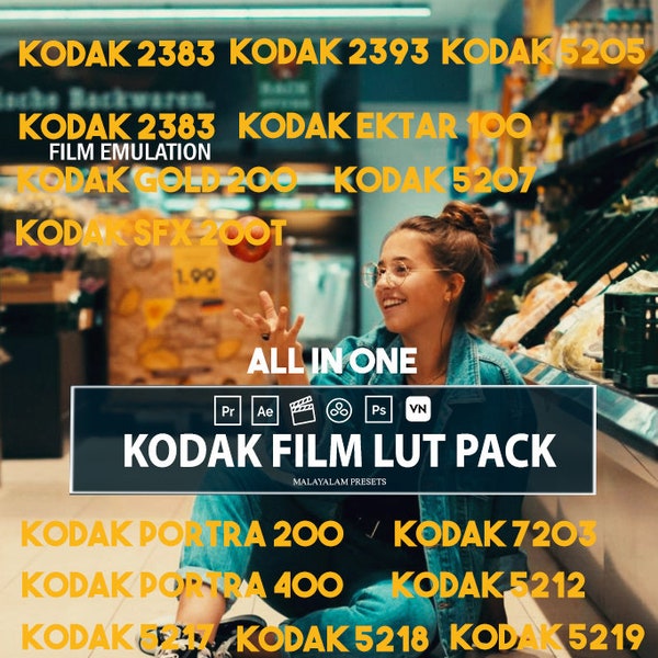 32 LUT de films Kodak, dont 2383 Print Film Emulation, Kodak Portra 200, Kodak Gold 200, Kodak Ektar 100, Premiere pro Final cut pro DaVinci luts