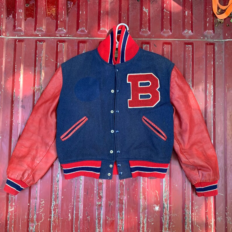 Genuine Leather Lettermen Varsity Jacket from the 1950\u2019s \u201cB\u201d varsity letter.