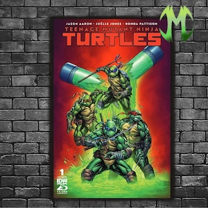 May include: Comic book cover featuring the Teenage Mutant Ninja Turtles. The artwork shows the four turtles in action, with a green liquid effect and a red and orange background. The title "Teenage Mutant Ninja Turtles" is prominently displayed.