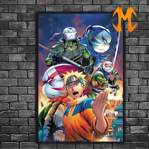 May include: A colorful illustration featuring four characters from popular anime and comic book franchises. The characters are Naruto Uzumaki from Naruto, Leonardo from Teenage Mutant Ninja Turtles, Donatello from Teenage Mutant Ninja Turtles, and Raphael from Teenage Mutant Ninja Turtles. The illustration is set against a backdrop of a Japanese cityscape.