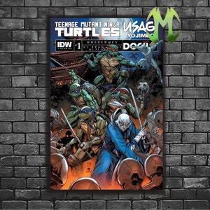 May include: Teenage Mutant Ninja Turtles comic book cover featuring the four turtles, Usagi Yojimbo, and other characters. The cover is illustrated in a comic book style with a dark background and bright colors. The title of the comic is "Teenage Mutant Ninja Turtles: Usagi Yojimbo" and the issue number is "#1".