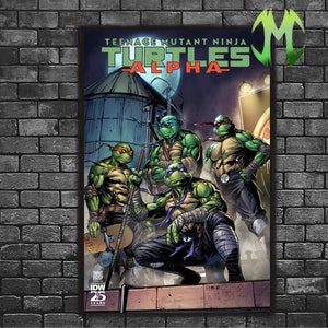 May include: Teenage Mutant Ninja Turtles Alpha comic book cover featuring four green turtles in black and grey ninja outfits with weapons. The cover has a dark background with a large moon and a building in the background.