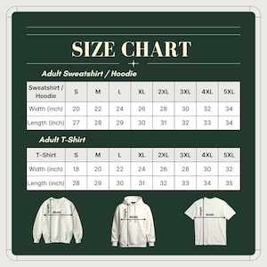 May include: A size chart for adult sweatshirts, hoodies, and t-shirts. The chart displays measurements in inches for width and length across various sizes, from S to 5XL. The chart includes illustrations of each garment type.