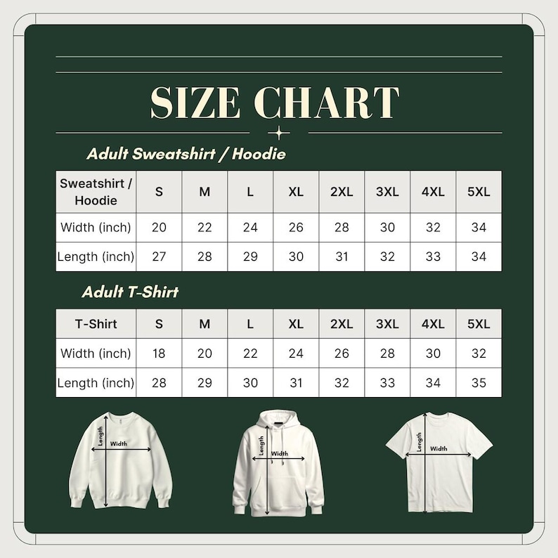 May include: A size chart for adult sweatshirts, hoodies, and t-shirts. The chart displays measurements in inches for width and length across various sizes, from S to 5XL. The chart includes illustrations of each garment type.