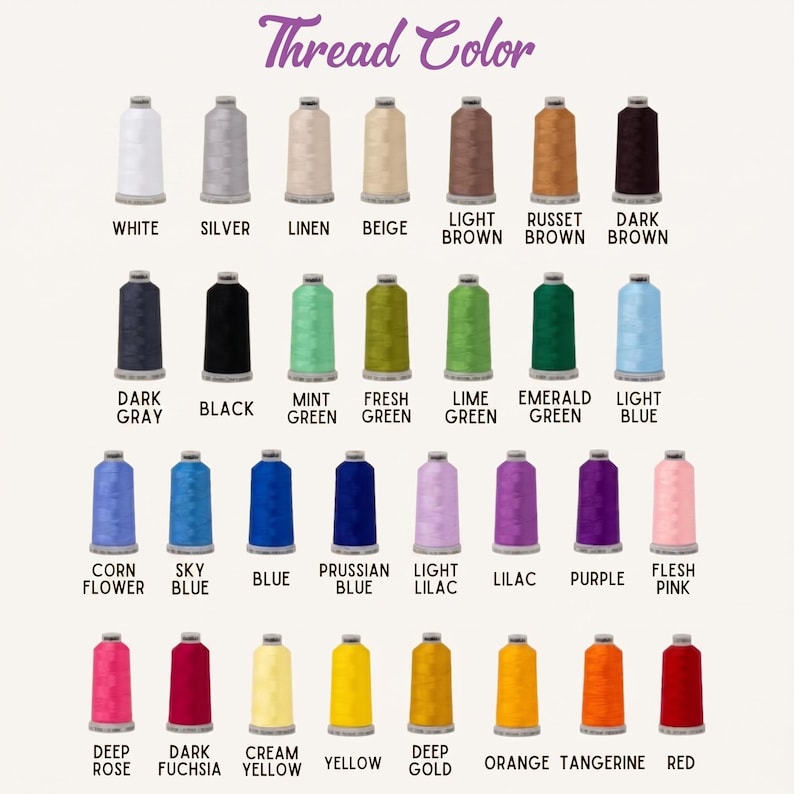 May include: A colour chart showing a range of thread colours, including white, silver, black, and shades of blue, green, and pink. The text "Thread Colour" is at the top. Each colour is labelled with its name, such as "White," "Silver," and "Black."