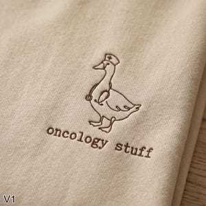 May include: Beige fabric with an embroidered design of a duck wearing a nurse's cap and stethoscope. The text "oncology stuff" is embroidered below the duck. The fabric is folded, creating a layered effect.