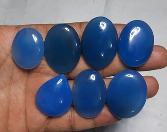 Natural Blue Calcedony Lot Cabochon Lot 7 Piece Top Quality Gemstone, Jewelry Making Stone, Small Size 27×22×7 mm, Big Size 34×24×6 mm.