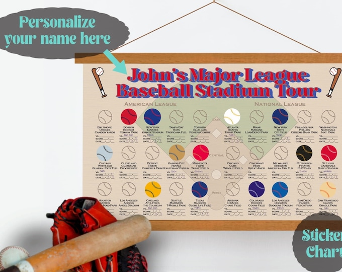 Personalized Baseball Stadium Tracker, Pro baseball stadium bucket list, ballpark checklist, custom baseball gift for men, retirement gifts