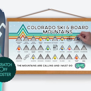 Affiche à gratter de ski et de snowboard des montagnes du Colorado, carte à gratter, cadeau ski, cadeau snowboard, traqueur des domaines skiables du Colorado, station de ski du CO