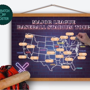 Carte à gratter des stades de baseball des États-Unis, visite des stades de baseball, carte des stades de la MLB, tracker de stade de la Ligue majeure, cadeaux à gratter