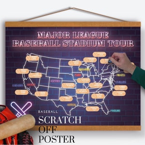 May include: A baseball stadium tour scratch-off poster with a map of the United States. The poster features neon-style text that reads "Major League Baseball Stadium Tour." A baseball glove and bat are in the lower left corner.