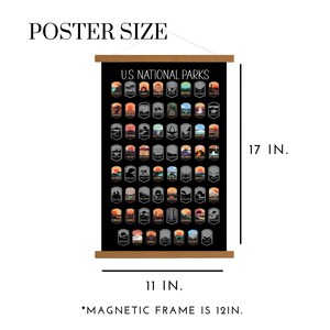 Pu&ograve; includere: Un poster in bianco e nero con il testo "U.S. NATIONAL PARKS" in alto. Il poster presenta una griglia di loghi colorati dei parchi nazionali. Il poster &egrave; largo 11 pollici e alto 17 pollici. La cornice magnetica &egrave; di 12 pollici.
