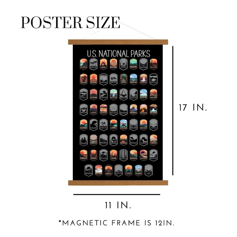 Pu&ograve; includere: Un poster in bianco e nero con il testo "U.S. NATIONAL PARKS" in alto. Il poster presenta una griglia di loghi colorati dei parchi nazionali. Il poster &egrave; largo 11 pollici e alto 17 pollici. La cornice magnetica &egrave; di 12 pollici.
