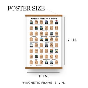 May include: A poster featuring the National Parks of Canada, with each park represented by a unique illustration. The poster is 11 inches wide and 17 inches tall, held by a magnetic frame. The text "POSTER SIZE" is at the top.