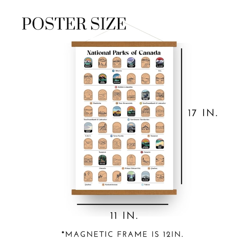 May include: A poster featuring the National Parks of Canada, with each park represented by a unique illustration. The poster is 11 inches wide and 17 inches tall, held by a magnetic frame. The text "POSTER SIZE" is at the top.