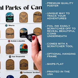 May include: A scratch-off poster featuring Canadian National Parks. The poster has gold foil over the park icons, with a scratcher tool. Text on the poster includes "Premium Quality Poster" and "Unique Way to Track Your Adventures."