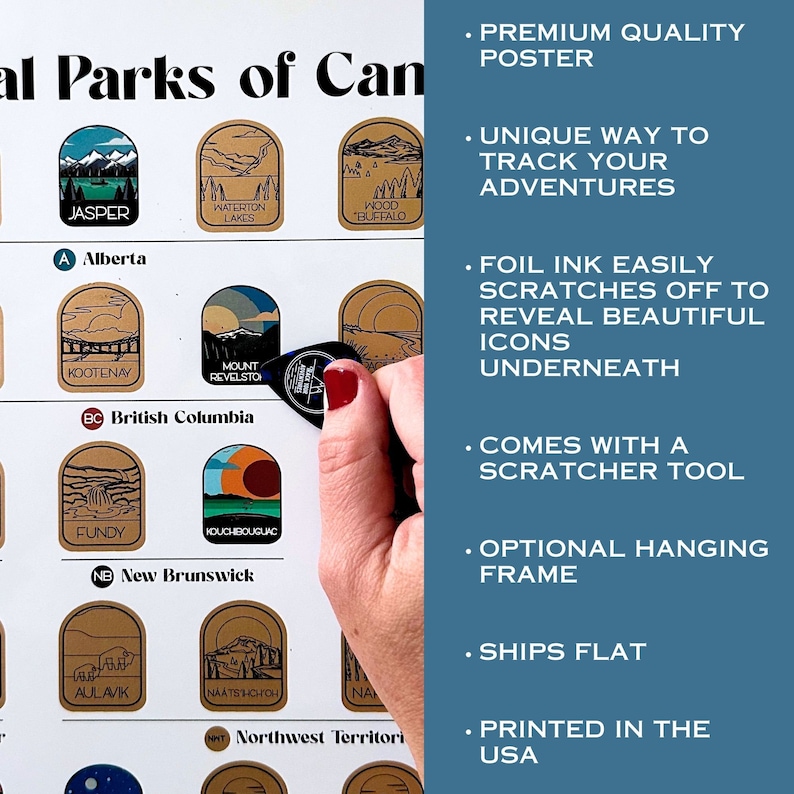 May include: A scratch-off poster featuring Canadian National Parks. The poster has gold foil over the park icons, with a scratcher tool. Text on the poster includes "Premium Quality Poster" and "Unique Way to Track Your Adventures."