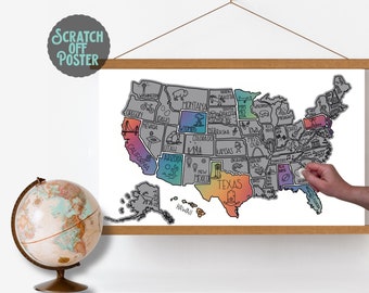 May include: A scratch-off map of the United States with each state outlined in black and filled in with a gradient of color. The map is mounted on a wooden frame and includes a small globe in the bottom left corner. The text "SCRATCH OFF POSTER" is printed in a blue circle at the top left corner of the image.