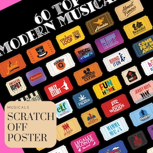 May include: A black scratch-off poster featuring 60 modern musicals. The poster includes colorful ticket-shaped designs with musical titles like "Wicked", "Hamilton", and "Mamma Mia!". The poster also has the words "Musicals Scratch Off Poster".