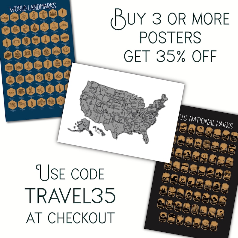 May include: Three travel-themed posters. One dark blue poster features world landmarks in gold. A white poster displays a map of the United States in gray. A black poster showcases U.S. National Parks. Text reads: "Buy 3 or more posters get 35% off" and "Use code TRAVEL35 at checkout."