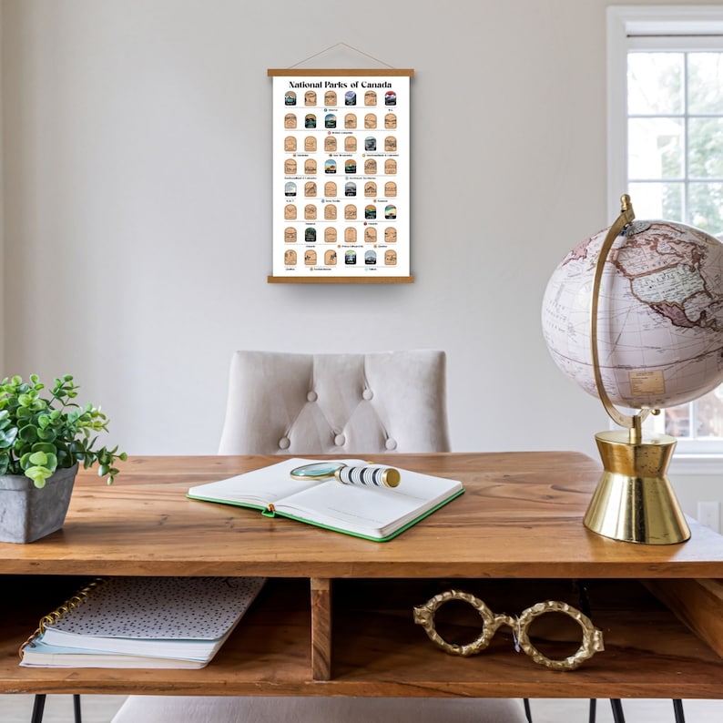 May include: A wooden-framed poster titled "National Parks of Canada" hangs on a white wall. The poster displays illustrated icons of various Canadian national parks. A wooden desk holds a notebook, magnifying glass, and decorative gold glasses.