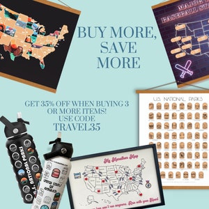 May include: An advertisement featuring travel-themed products. The image includes a map of the U.S. with state outlines, a baseball stadium map, and a U.S. National Parks poster. Two water bottles are also visible. The text reads "BUY MORE, SAVE MORE" and "GET 35% OFF".