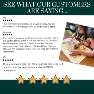 May include: Image featuring customer reviews with a five-star rating. Text reads "SEE WHAT OUR CUSTOMERS ARE SAYING..." and includes positive feedback about a product. The image also shows children interacting with a map.