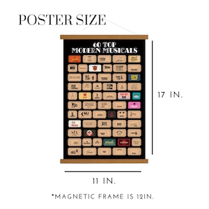 May include: A black poster with the text "60 TOP MODERN MUSICALS" and musical titles. The poster is 17 inches tall and 11 inches wide, held by a wooden magnetic frame. The text "POSTER SIZE" is at the top.