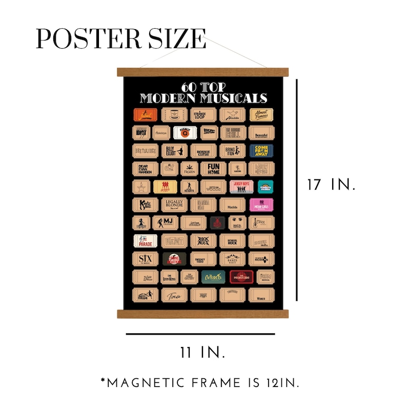 May include: A black poster with the text "60 TOP MODERN MUSICALS" and musical titles. The poster is 17 inches tall and 11 inches wide, held by a wooden magnetic frame. The text "POSTER SIZE" is at the top.