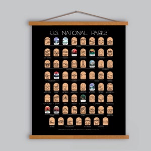 May include: A black poster with the text "U.S. NATIONAL PARKS" at the top. The poster features illustrations of various national parks, each within a wooden-style frame. The poster is held by wooden rods at the top and bottom.