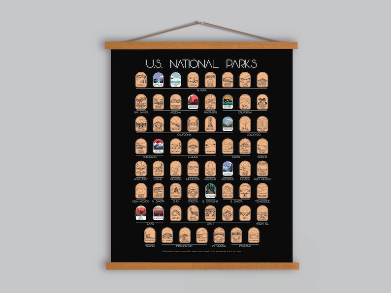 May include: A black poster with the text "U.S. NATIONAL PARKS" at the top. The poster features illustrations of various national parks, each within a wooden-style frame. The poster is held by wooden rods at the top and bottom.