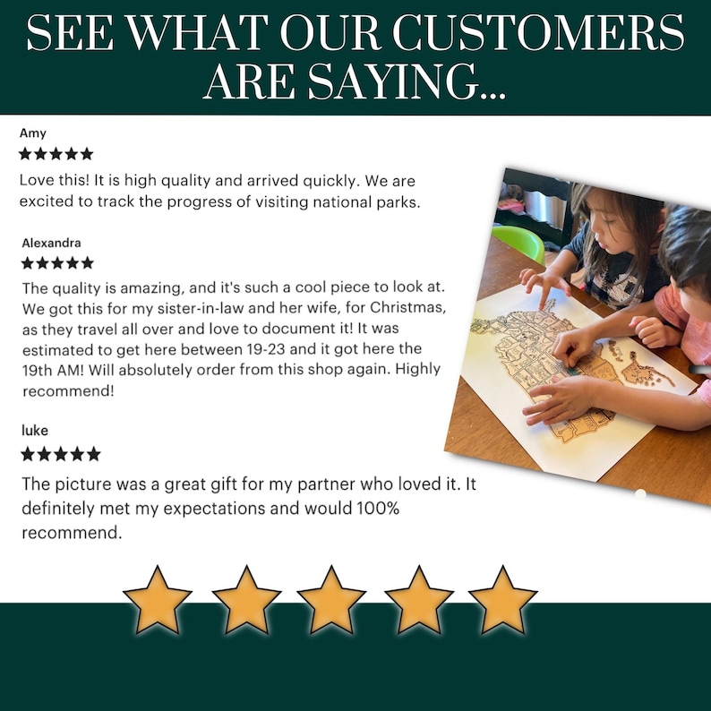 May include: Image features the text "SEE WHAT OUR CUSTOMERS ARE SAYING..." with customer reviews and star ratings. The image includes a photo of children working on a map.