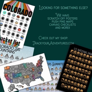 May include: A collection of travel-themed posters, including a Colorado bucket list, a US map, and a US National Parks checklist. The posters feature colorful designs and the text "TRACKYOURADVENTURES.COM".