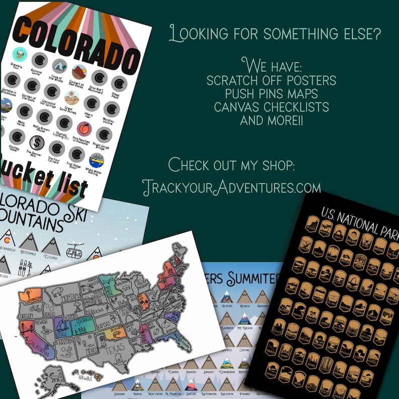 May include: A collection of travel-themed posters, including a Colorado bucket list, a US map, and a US National Parks checklist. The posters feature colorful designs and the text "TRACKYOURADVENTURES.COM".