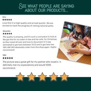 May include: Image showcasing customer reviews with a five-star rating. The text reads "SEE WHAT PEOPLE ARE SAYING ABOUT OUR PRODUCTS..." and includes positive feedback about product quality and gift suitability. Two children are shown working on a map.