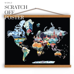 May include: A world scratch-off poster with a black background and a wooden frame. The map features colourful illustrations of landmarks and countries. The text "WORLD SCRATCH OFF POSTER" is at the top.