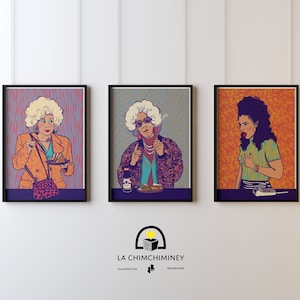 Puede incluir: Tres ilustraciones enmarcadas de mujeres con fondos coloridos. La primera ilustración presenta a una mujer con cabello rubio que lleva una chaqueta amarilla y sostiene un plato de comida. La segunda ilustración presenta a una mujer con cabello rubio que lleva una chaqueta de estampado de leopardo y sostiene un vaso de cerveza. La tercera ilustración presenta a una mujer con cabello oscuro que lleva una camisa verde y sostiene un teléfono.