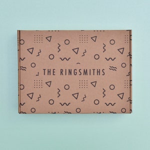 Può includere: Una scatola di cartone marrone con un motivo geometrico nero. La scatola ha il testo "THE RINGSMITHS" stampato in nero.