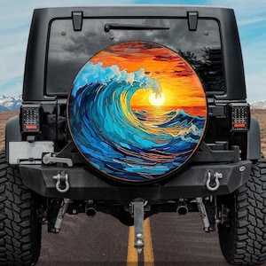 Boho Ocean Waves In The Spare Tire Cover with Camera Hole ,Rising Sun Tire Cover, Sunrise Spare Tire Cover,Beach Waves Spare Tire Cover
