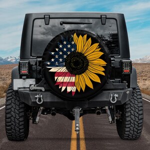 Bronco Sunflower Spare Tire Cover Camera Hole Option,USA Flag Sunflower Tire Cove,4th Of July Sunflower Tire Cover,Summer Girls Tire Cover