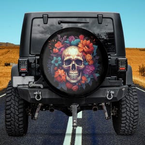 Floral Skull Tire Cover, Backup Camera Hole Tire Cover,Retro Skull Tire Cover with flowers,Skull Car Accessories women, dia de los muertos