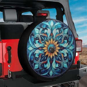 Sunflower Mandala Spare Tire Cover With Camera Hole, Blue Mandala Pattern Spare Tire Cover, Camping Spare Tire Cover Camper SUV Bronco