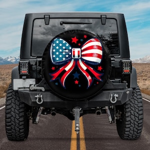 American Flag Bow Spare tire cover Backup camera hole,Freedom 4th Of July Tire Cover,Usa flag coquette ribbon bow tire cover for Bronco