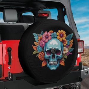 Halloween 2025 Spare Tire Cover with camera hole option, Spooky Skull With Flowers Spare Tire Cover,Mexican Day of the Dead Skull tire cover