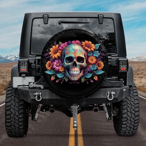 Halloween Skull Spare Tire Cover camera hole option,Floral Skull Spare Tire Cover For women,Gothic Spare Tire Cover,Mexican Day of the Dead
