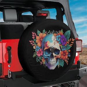 Hallowenn 2025 Skull Spare Tire Cover, Flower Skull Tire Cover,Fall 2025 Skeleton Tire Cover, Halloween Spooky Tire Cover,dia de los muertos